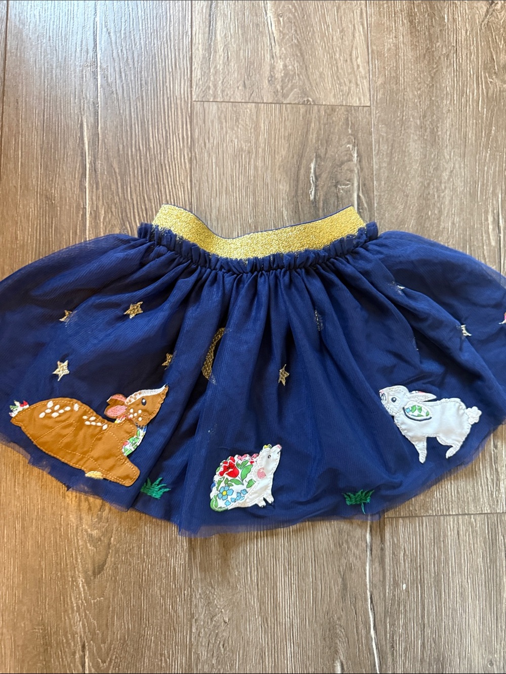 Mini Boden Navy Tulle Skirt with Gold Waistband and Woodland Appliqués